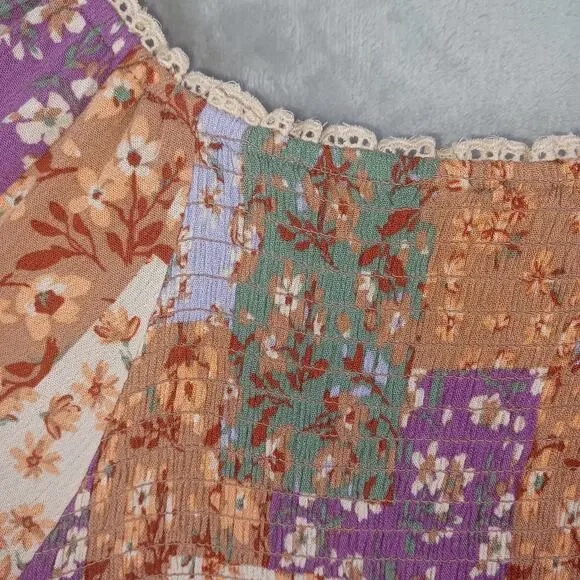 Cato Floral Patchwork Babydoll Boho Top L Milkmaid Smocked Cottagecore Peasant - Picture 7 of 11